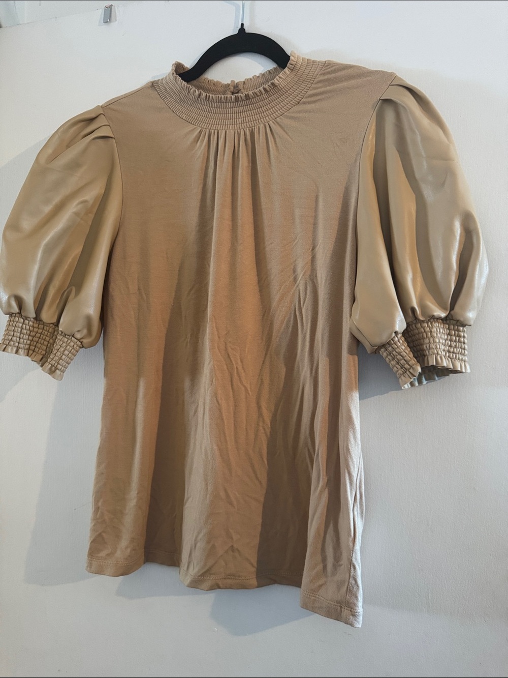 Ellen Tracy Tan Puff-Sleeve Smocked-Neck Top